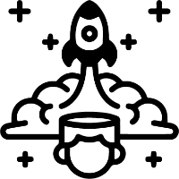 Black and white icon of a rocket and a cup with cloud-like shapes around them on a white background.